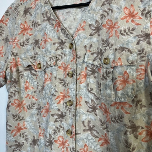 VTG Erika & Co Linen Cotton Blend Floral Buttoned Short Sleeve Top Petite Large - Picture 6 of 6